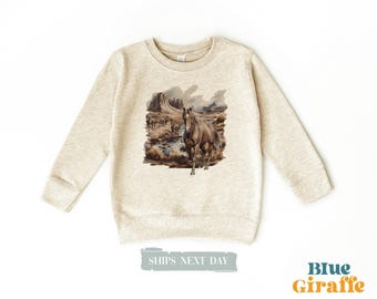 Wild Horses Desert Canyon Toddler Sweatshirt - 90's Vintage Horse Lover Kids Sweatshirt - Boho Pullover -Unisex Crewneck Sweatshirt