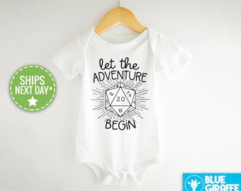 Let The Adventure Begin Baby Bodysuit, Gaming Dice Onesie®, Baby Announcement, Pregnancy Announcement, D&D, 20 Sided Die