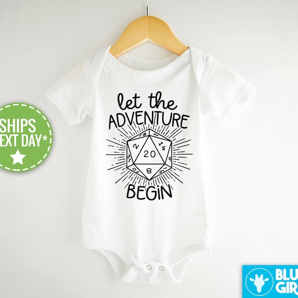 Let The Adventure Begin Baby Bodysuit, Gaming Dice Onesie®, Baby Announcement, Pregnancy Announcement, D&D, 20 Sided Die