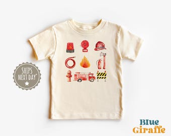 Wasserfarbe Feuerwehrmann Ausrüstung Kleinkind Shirt - Feuerwehrauto Kinder Grafik T-Shirt - Feuerwehrmann Kinder Shirt - Leiter Schlauch Sirene Hut Kinder Outfit