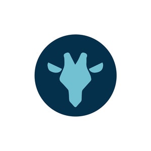 May include: A blue giraffe head silhouette on a dark blue circle background.