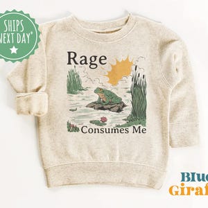 Puede incluir: Una sudadera beige de cuello redondo con un estampado gr&aacute;fico de una rana verde sentada sobre una roca en un estanque con juncos y un sol amarillo. El texto "Rage" est&aacute; impreso sobre la rana y "Consumes Me" debajo de la escena.
