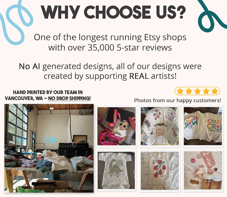 May include: An informational graphic titled WHY CHOOSE US? featuring text about shop history, artist-created designs, and hand-printing in Vancouver, WA. It includes six smaller images showing a workshop and various white baby bodysuits with graphic prints.