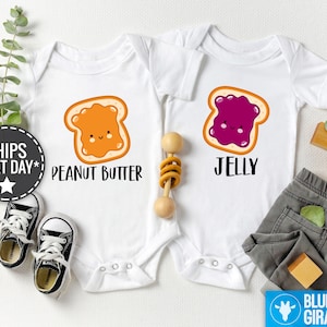 Mantequilla de maní y jalea Twin Onesie®s®, Twin Onesie Set, Camisas gemelas divertidas de mejores amigos, Lindo mejor amigo Twin Baby Onesies® imagen 1