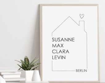 Poster FAMILIE HAUS mit Vornamen und Wohnort personalisiert Familien Geschenk für Hochzeit oder Einzug