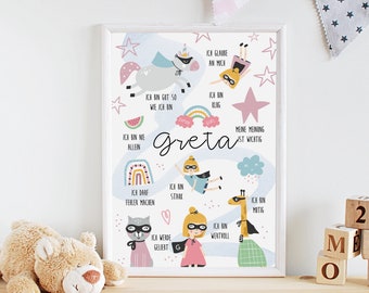May include: A colorful poster with a girl's name, Greta, in a whimsical font. The poster features illustrations of a girl in a superhero costume, a unicorn, a rainbow, and other positive affirmations. The text on the poster reads: "Ich glaube an mich", "Ich bin gut so wie ich bin", "Ich bin nie allein", "Ich darf Fehler machen", "Ich bin stark", "Ich bin klug", "Meine Meinung ist wichtig", "Ich bin wertvoll", "Ich bin mutig", "Ich werde geliebt".