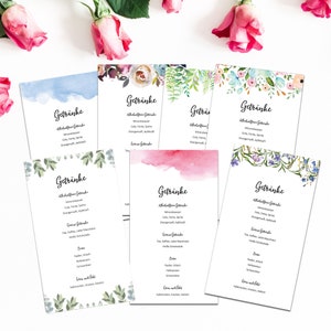 10 Menükarten Hochzeit zum Bedrucken, Getränkekarte Hochzeit Taufe Hochzeitskarten Gastgeschenk Tischdeko Menükarten