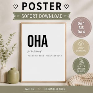 May include: A rectangular poster in a light wooden frame featuring the word OHA in large black letters, followed by the phonetic pronunciation [o:'ha:] Ausruf and the German text Norddeutsche Panikattacke printed on a white background.