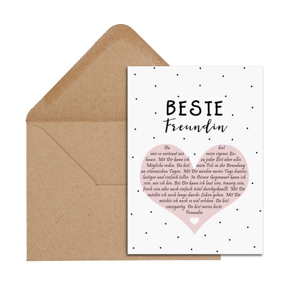 Carte postale BEST FRIEND Heart Message incl. Enveloppe Best Friend Gift