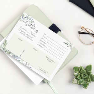 May include: A white receipt template with a green floral design. The receipt has fields for customer name, product, total amount, and signature. The text on the receipt reads "Quittung" and "9% MWST".