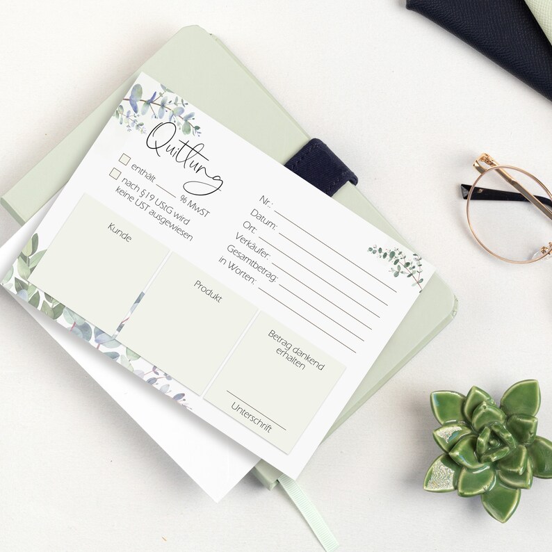 May include: A white receipt template with a green floral design. The receipt has fields for customer name, product, total amount, and signature. The text on the receipt reads "Quittung" and "9% MWST".