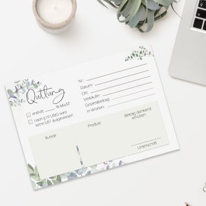May include: A white receipt template with a floral design. The receipt has fields for the customer's name, the product, the total amount, and the seller's signature.