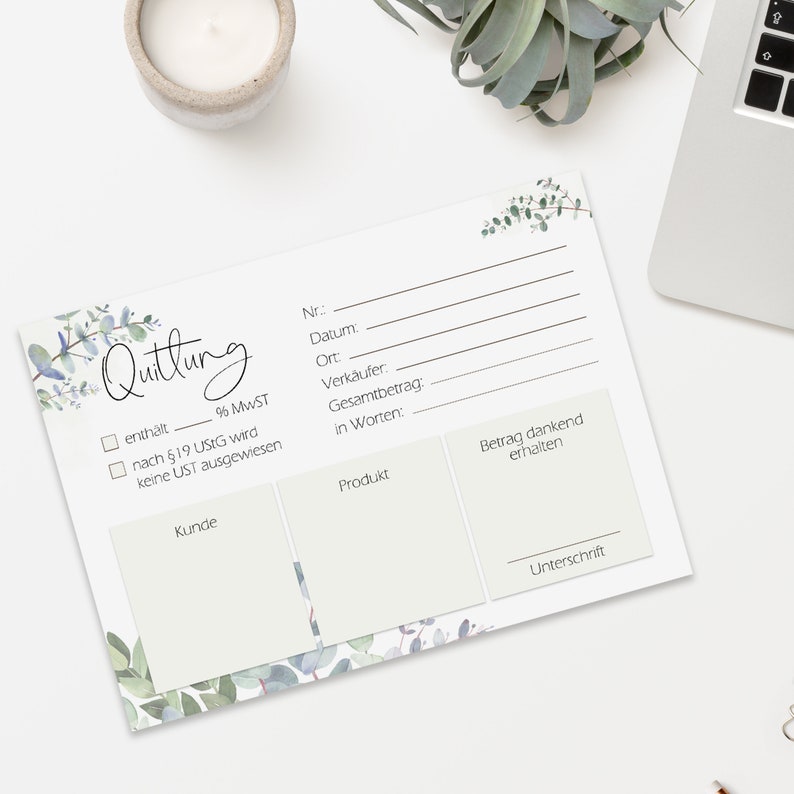 May include: A white receipt template with a floral design. The receipt has fields for the customer's name, the product, the total amount, and the seller's signature.
