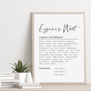 Könnte beinhalten: Ein druckbarer Poster mit einem schwarz-weißen Design. Der Poster zeigt das Wort "Eigenes Wort" in einer großen Schriftart, mit einer Definition und Synonymen, die darunter aufgeführt sind. Der Text ist in Deutsch.