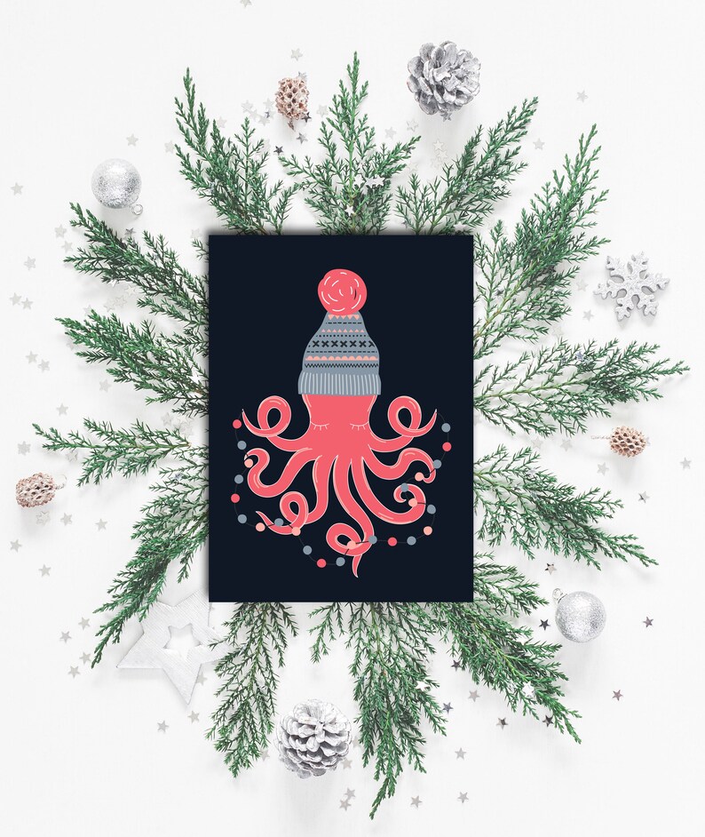 Weihnachtskarte Kraken, Postkarte Weihnachten Weihnachhtskarten Weihnachtsgeschenke Weihnachtsdeko Grußkarten Weihnachten Bild 2