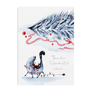 Weihnachtskarte KATZE Tanne ohne Schmuck Postkarte Weihnachten lustig