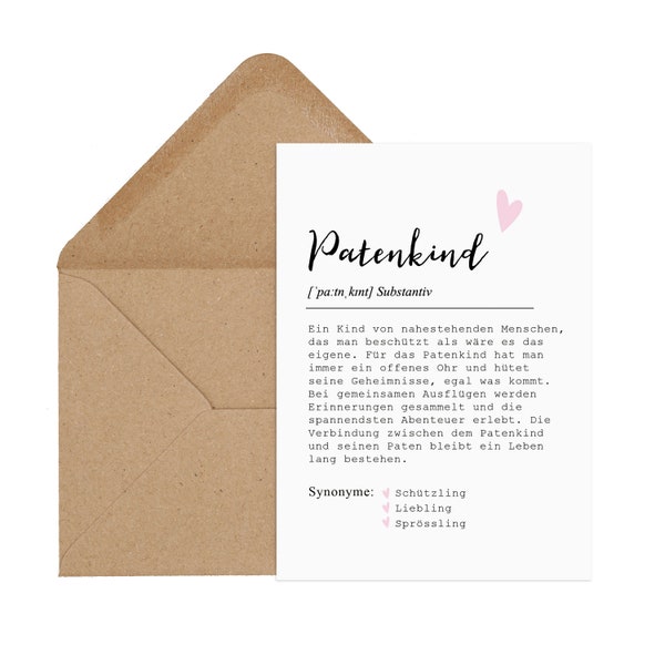 Postkarte PATENKIND Definition inkl. Briefumschlag Taufe Geschenk Patenkind