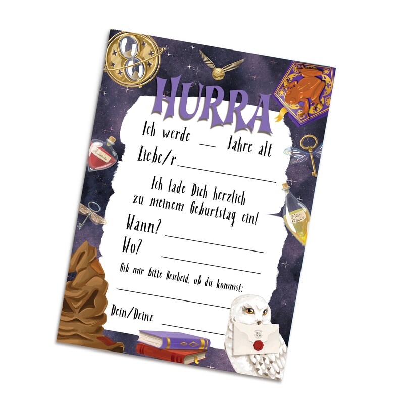 May include: A purple and white birthday invitation with a Harry Potter theme. The invitation features a Hogwarts house crest, a golden snitch, a magical potion bottle, and a white owl holding a letter. The text on the invitation reads "Hurra! Ich werde - Jahre alt. Ich lade Dich herzlich zu meinem Geburtstag ein! Wann? Wo? Gib mir bitte Bescheid, ob du kommst: Dein/Deine"