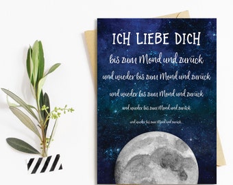 Postkarte "Ich liebe dich bis zum Mond", Valentinskarte, Postkarte Liebe, Postkarten Sprüche, Postkarte Jahrestag, Sprüchekarte Liebe