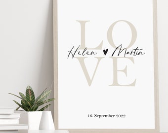 Poster LOVE personalized with name and date for couples gift for wedding