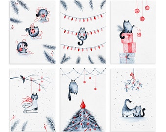 Christmas card set CATS Set of 6 Christmas cards cat Christmas