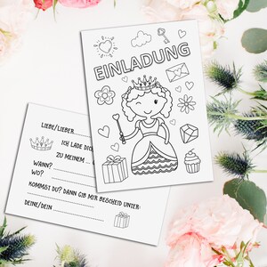 Einladungskarten zum Ausmalen PRINZESSIN Geburtstag 5 Stück, Einladung Kindergeburtstag Prinzessinparty, Einladungskarten Kindergeburtstag