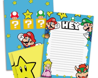 Schrijfpapierset SUPER MARIO DIN A5 schrijfpapier voor kinderen inclusief enveloppen, briefblok, schooldagcadeau, briefpapier voor jongens