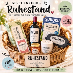 以下が含まれることがあります： GESCHENKKORB RUHESTAND、TASCHENTÜCHER、WEIN、SUDOKU RÄTSELHEFT、KARTENSPIEL、HONIG、RENTENKASSE、SCHLAFMASKEと書かれたラベル付きのアイテムが入った籐かご。退職祝いのギフトバスケット用にデザインされた20枚の印刷可能なラベルセット。