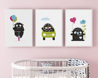 Children's poster set of 3 monster posters for children's rooms, children's room posters for monsters, children's room pictures, posters for boys' rooms, monster posters