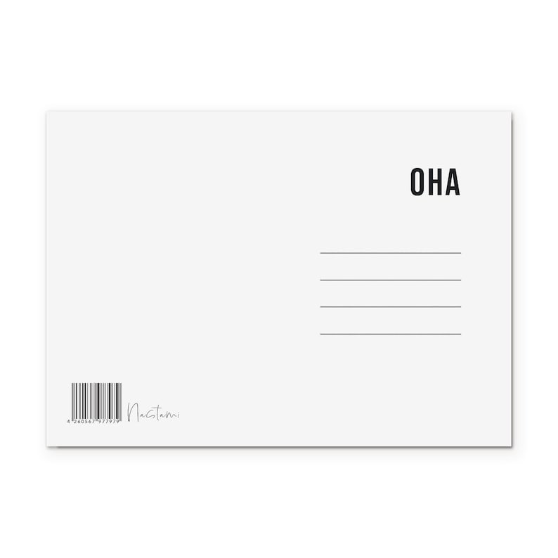 May include: A white postcard with the word "OHA" printed in black at the top. The bottom of the postcard has a barcode and the word "Nagstami" written in cursive.