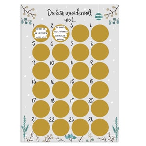 Può includere: Un calendario dell'avvento natalizio stampabile grigio e bianco con 24 cerchi dorati numerati da 1 a 24. Il testo "Du bist wundervoll weil..." è in cima al calendario.