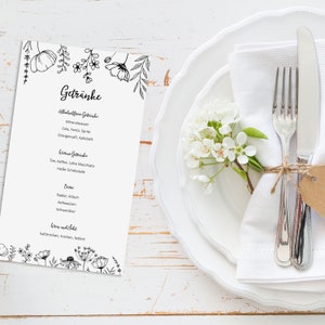 10 Menükarten zum Bedrucken FLOWERS Getränkekarte Hochzeit Menükarte Taufe Hochzeitskarten Gastgeschenk Tischdeko vintage