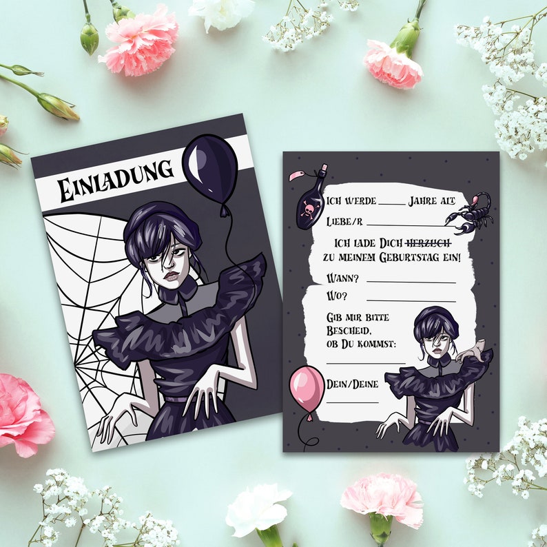 May include: A black and white invitation card with a gothic theme. The card features a cartoon illustration of a girl in a black dress with a spider web background. The text on the card reads "Einladung" and "Ich werde ____ Jahre alt. Liebe/r ____, Ich lade dich herzlich zu meinem Geburtstag ein! Wann? ____ Wo? ____ Gib mir bitte Bescheid, ob du kommst: ____ Dein/Deine ____".