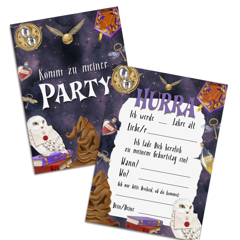 May include: A purple and black invitation with a starry night background. The invitation says "Komm zu meiner PARTY" and "HURRA". The invitation is decorated with images of owls, a sorting hat, and other Harry Potter themed items.