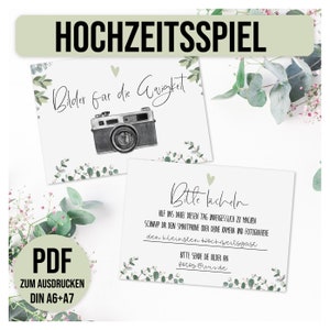 May include: Two printable cards with a green leafy background. The first card has a vintage camera illustration and the text "Bilder fur die Ewigkeit". The second card has the text "Bitte lacheln" and instructions to help make the wedding day unforgettable by taking photos of the smallest wedding guest. The text also includes an email address to send the photos to.