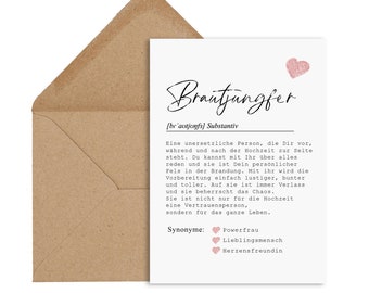 Postkarte BRAUTJUNGFER Definition inkl. Briefumschlag Brautjungfer Geschenk