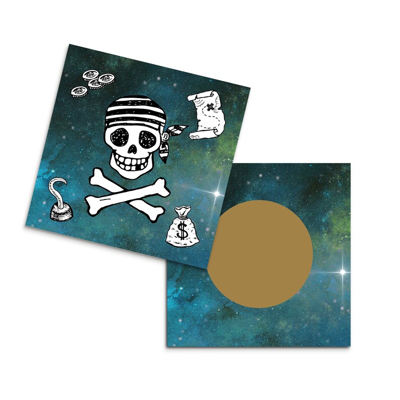 May include: A blue and black card featuring a pirate skull and crossbones, a treasure map, a bag of gold coins, and a hook. The card has a gold circle in the centre.
