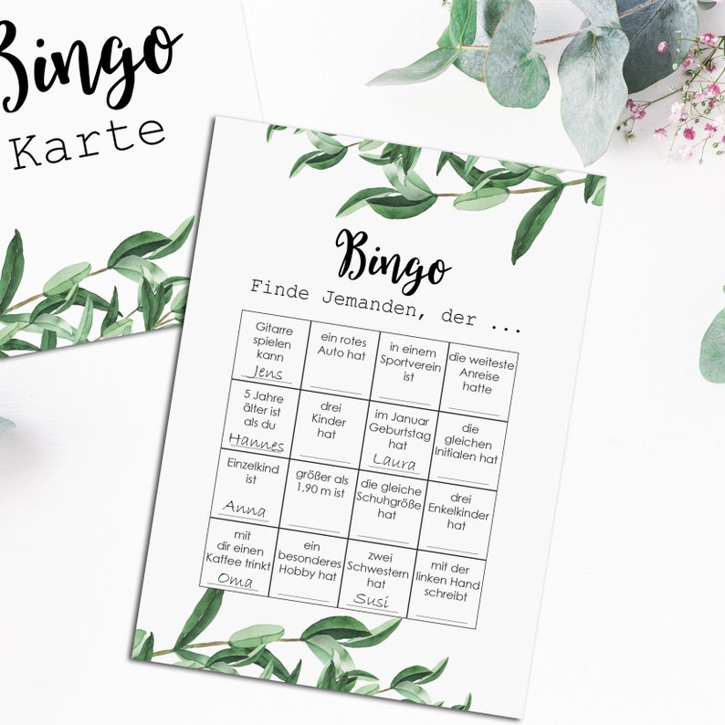 May include: A bingo card with a green leafy background. The card has a grid of 25 squares with different prompts for finding someone who fits the description. The prompts are in German.