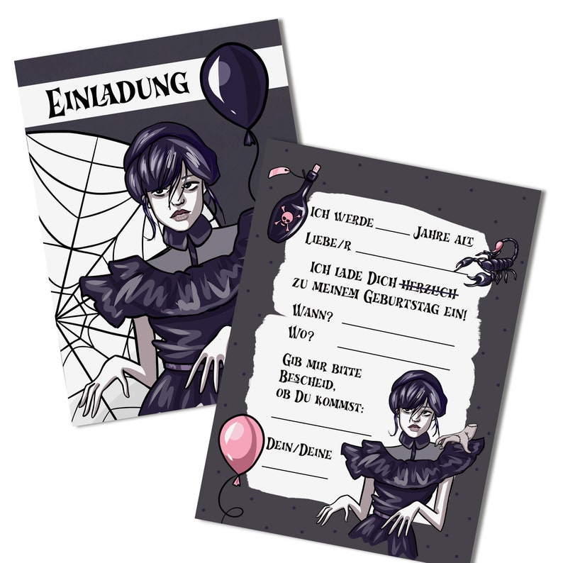 May include: A black and white invitation card with a gothic theme. The card features a black and white illustration of a woman in a black dress with a spider web in the background. The text on the card reads "Einladung" and "Ich werde ____ Jahre alt. Liebe/r ____, ich lade dich herzlich zu meinem Geburtstag ein! Wann? ____ Wo? ____ Gib mir bitte Bescheid, ob du kommst: ____ Dein/Deine ____".