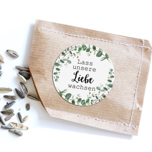 50 Sticker Lass unsere Liebe wachsen EUCALYPTUS, Hochzeit Gastgeschenk Aufkleber vintage Hochzeitsdeko Tischdeko Hochzeit Bild 1