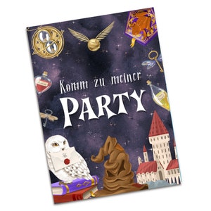 May include: A purple and gold invitation with a dark blue background and stars. The invitation says "Komm zu meiner PARTY" and features images of a golden snitch, a Hogwarts castle, a sorting hat, a snowy owl, and a golden key.