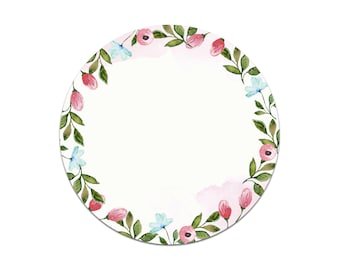 May include: A round, white background with a wreath of pink and blue flowers and green leaves.