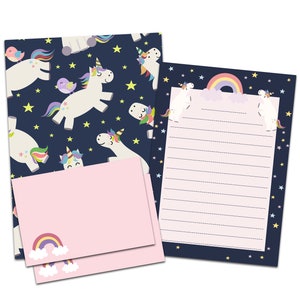 Juego de papel de carta Unicornio DIN A5, papel de carta para niños, incluye sobres, bloc de notas, regalo para el día escolar, papel de carta para niñas