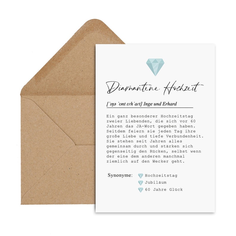 Hochzeitskarte inkl. Briefumschlag DIAMANTENE HOCHZEIT Geschenk personalisierbar mit Namen Diamanthochzeit Bild 2