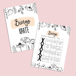 May include: A black and white bingo card with floral illustrations. The card has the text "Bingo Karte" at the top and the text "Bingo Finde Jemanden, der..." at the top of the card. The card has a grid of 25 squares with various prompts in each square.