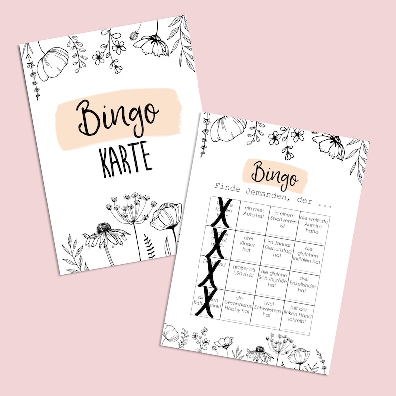 May include: A black and white bingo card with floral illustrations. The card has the text "Bingo Karte" at the top and the text "Bingo Finde Jemanden, der..." at the top of the card. The card has a grid of 25 squares with various prompts in each square.