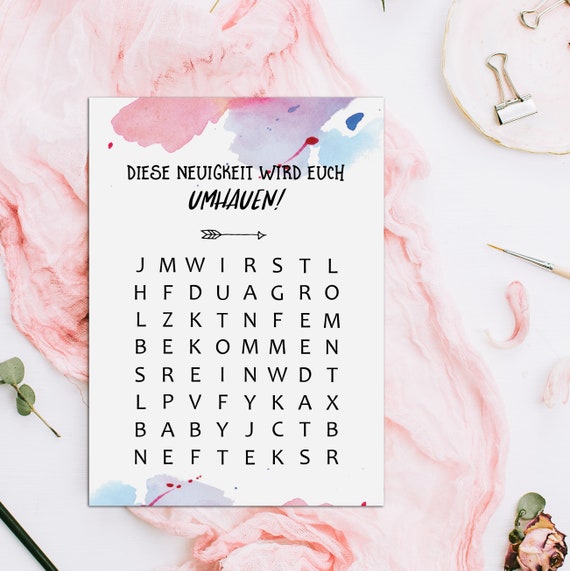 5x Postkarte "Wir bekommen ein Baby" Karte Buchstabensalat Schwangerschaft verkünden
