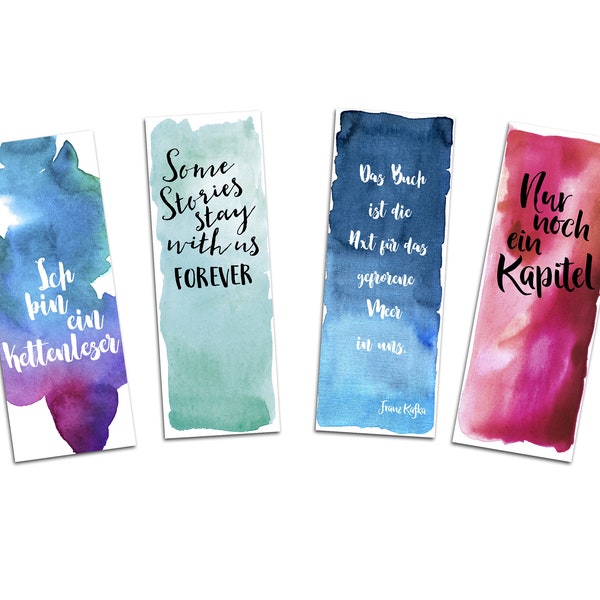 Lesezeichen Set, 4 Lesezeichen Aquarell, Geschenk Freundin, Geschenk Frau, Lesezeichen Papier, Lesezeichen Zitate, Lesezeichen Sprüche