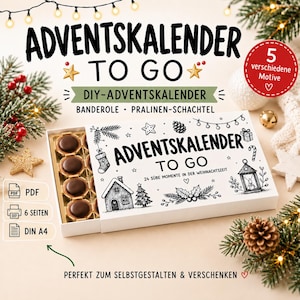 Op de afbeelding: Een doe-het-zelf adventskalenderpakket met een witte doos voorzien van zwarte lijntekeningen van een huis, lantaarn en kerstmotieven. De tekst luidt Adventskalender To Go. Binnenin houdt een gouden tray ronde chocolaatjes vast.