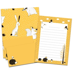 Set carta da lettera Animali GIALLO DIN A5 Carta da lettera per bambini con buste Blocco da lettera Regalo per l'inizio della scuola Carta da lettera per ragazze